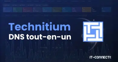 Banner showing 'Techninitium DNS tout-en-un' in blue and white on a dark blue network graph background, with a blue square logo on the right and IT-CONNECT.FR watermark in the corner.