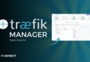 Promotional banner for Traefik Manager Open Source, showing the logo on the left and a dashboard screenshot on the right with a blue radial background.