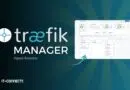 Promotional banner for Traefik Manager Open Source, showing the logo on the left and a dashboard screenshot on the right with a blue radial background.