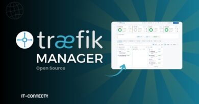Promotional banner for Traefik Manager Open Source, showing the logo on the left and a dashboard screenshot on the right with a blue radial background.