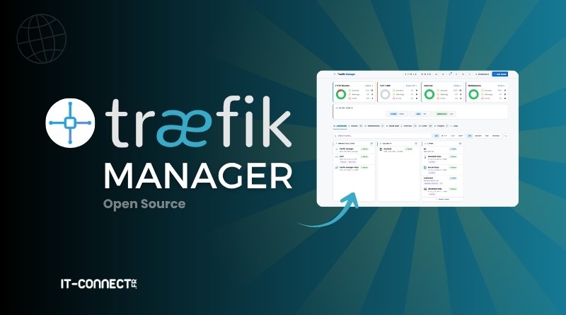 Promotional banner for Traefik Manager Open Source, showing the logo on the left and a dashboard screenshot on the right with a blue radial background.