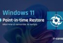 Windows 11 Point-in-time Restore banner with blue gradient background, a Windows logo grid on the right, a white gear target, and the caption 'Machine à remonter le temps'.
