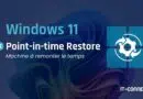 Windows 11 Point-in-time Restore banner with blue gradient background, a Windows logo grid on the right, a white gear target, and the caption 'Machine à remonter le temps'.