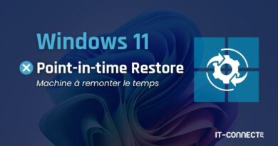 Windows 11 Point-in-time Restore banner with blue gradient background, a Windows logo grid on the right, a white gear target, and the caption 'Machine à remonter le temps'.