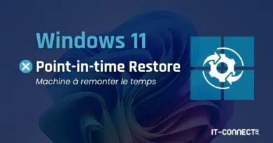 Windows 11 Point-in-time Restore banner with blue gradient background, a Windows logo grid on the right, a white gear target, and the caption 'Machine à remonter le temps'.
