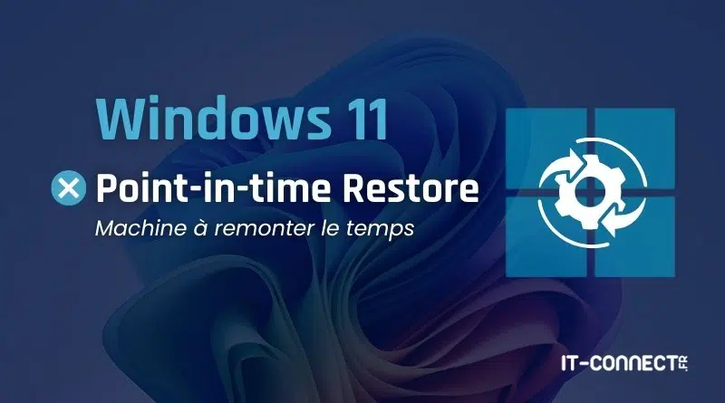 Windows 11 Point-in-time Restore banner with blue gradient background, a Windows logo grid on the right, a white gear target, and the caption 'Machine à remonter le temps'.