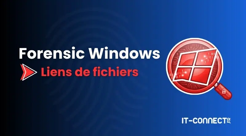 Banner for Forensic Windows: 'Liens de fichiers' with a magnifying-glass over a Windows logo on a blue gradient background.