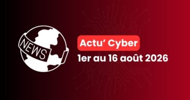 Cyber news banner featuring a white globe with a 'NEWS' ribbon on the left and the text 'Actu’ Cyber 1er au 16 août 2026' on a dark red gradient background.