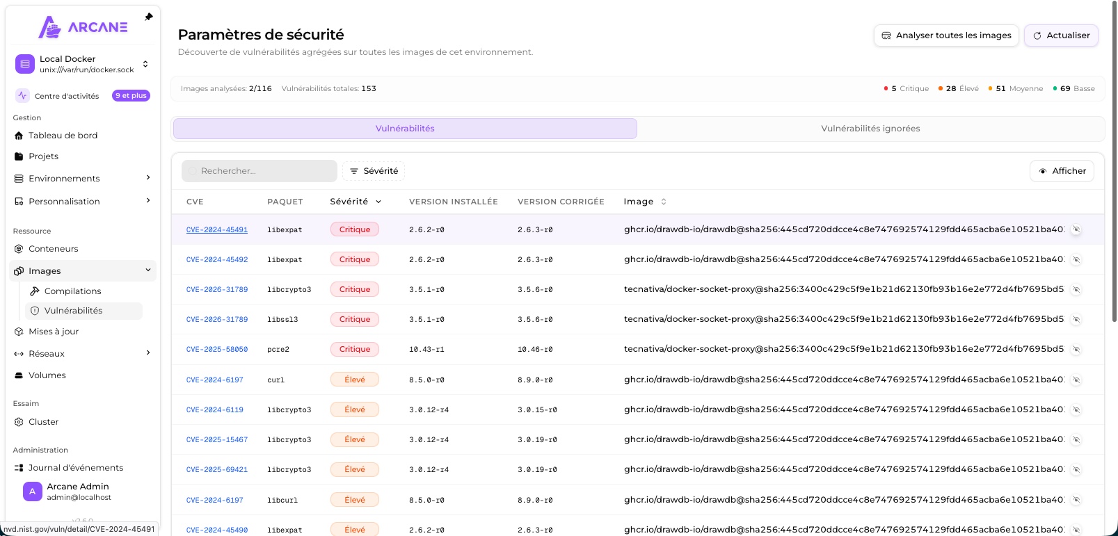 Analyse des vulnérabilités des images Docker avec Trivy dans l'interface d'Arcane