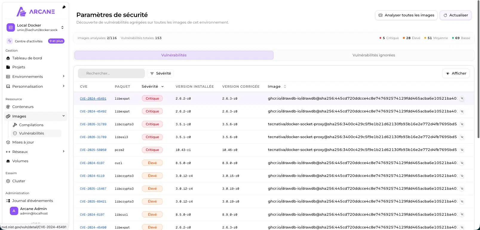 Analyse des vulnérabilités des images Docker avec Trivy dans l'interface d'Arcane