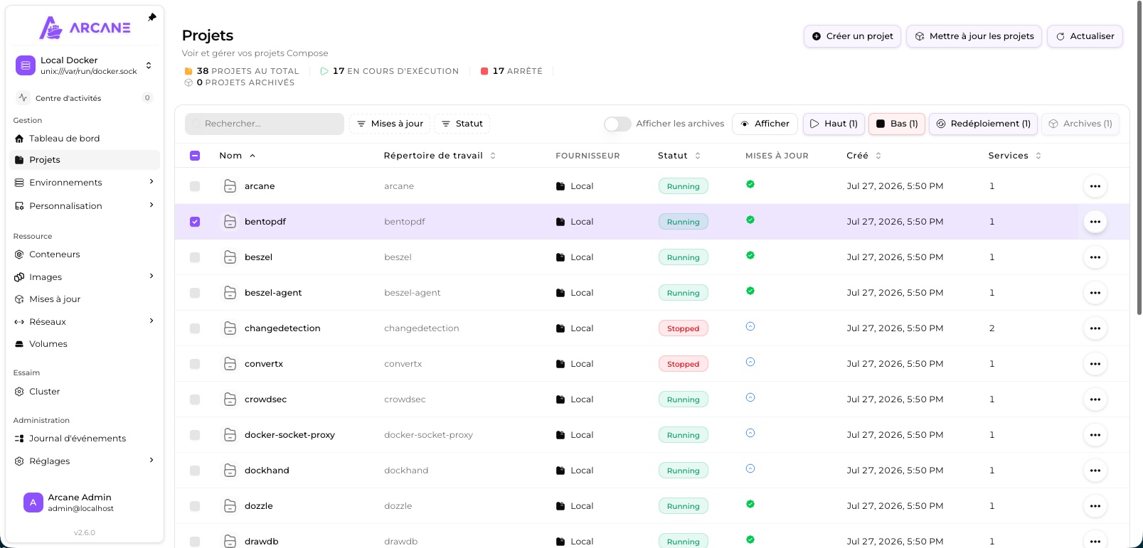 Liste des projets Docker Compose découverts automatiquement par Arcane
