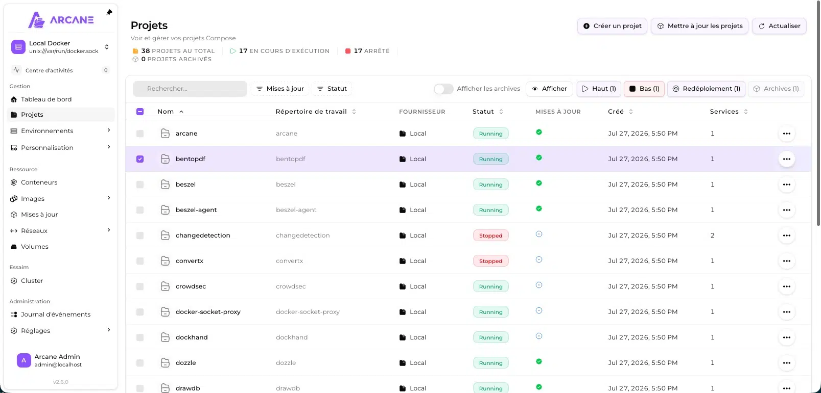 Liste des projets Docker Compose découverts automatiquement par Arcane