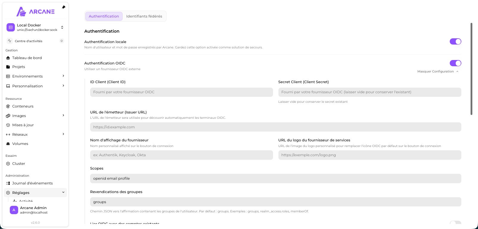 Configuration de l'authentification OIDC dans Arcane avec un fournisseur externe