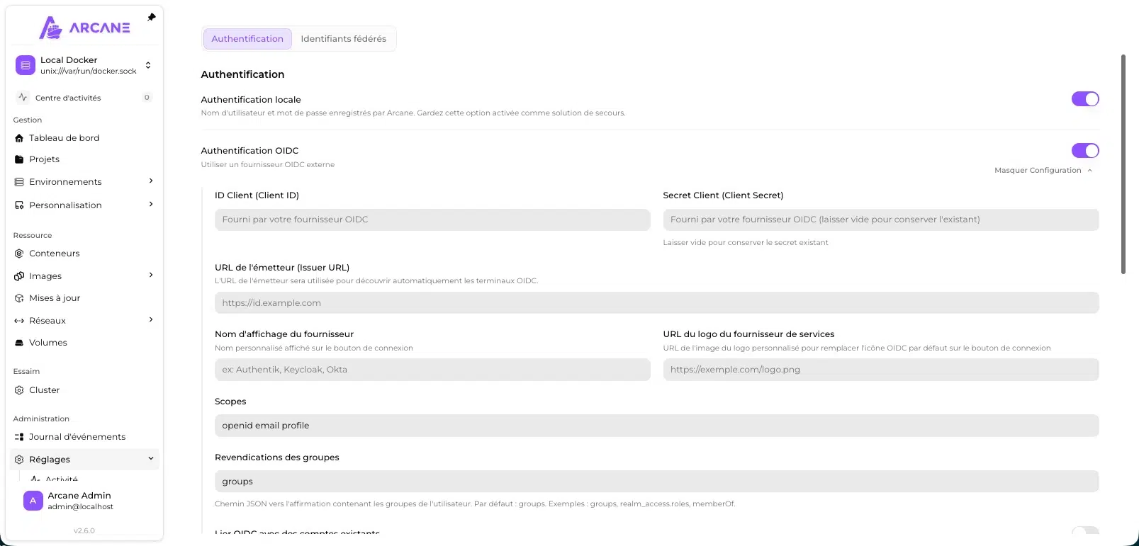 Configuration de l'authentification OIDC dans Arcane avec un fournisseur externe