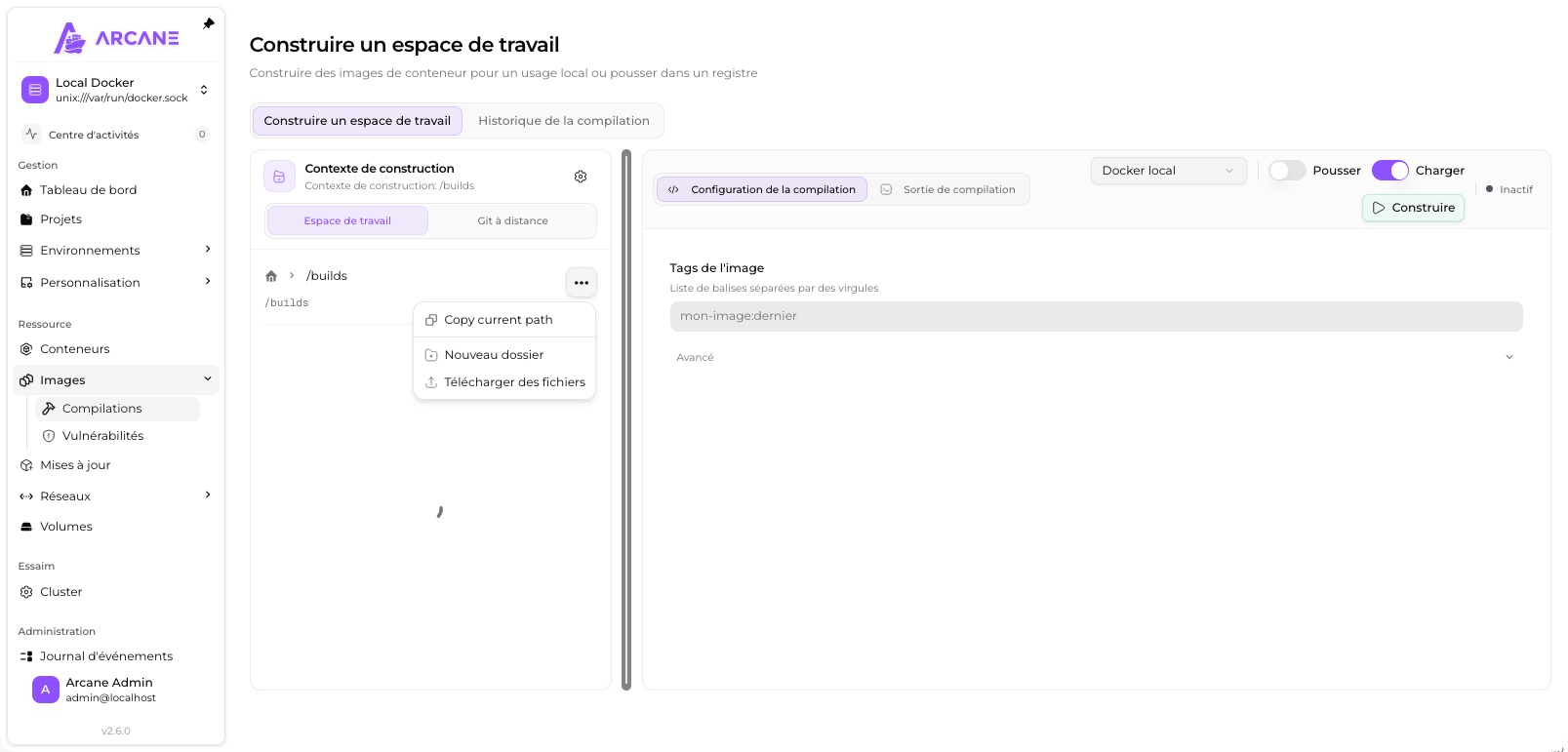 Construire une image Docker depuis l'espace de travail de build d'Arcane