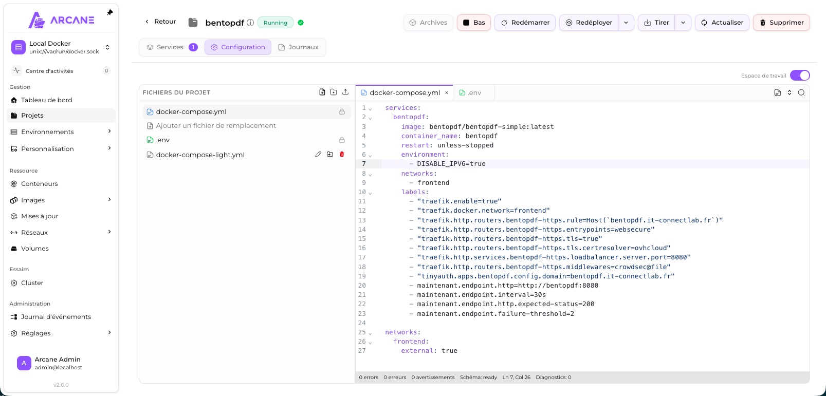 Éditer un fichier docker-compose.yml et son .env depuis l'interface web d'Arcane