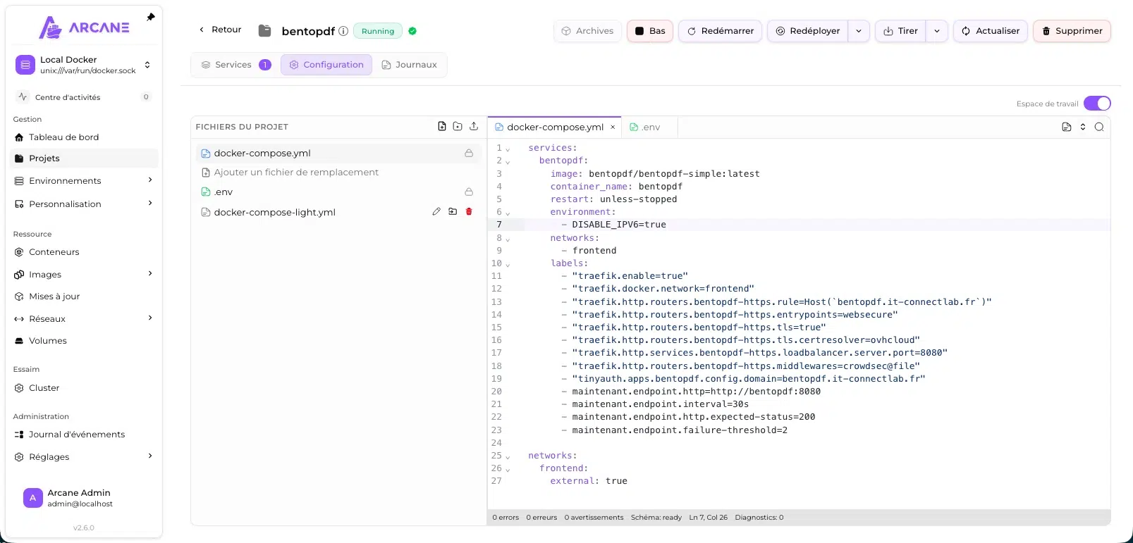 Éditer un fichier docker-compose.yml et son .env depuis l'interface web d'Arcane
