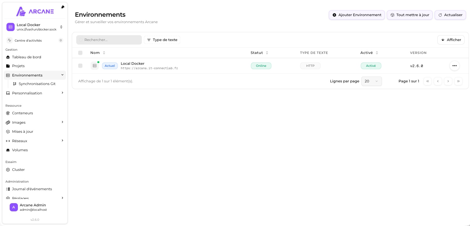 Liste des environnements Docker déclarés dans Arcane