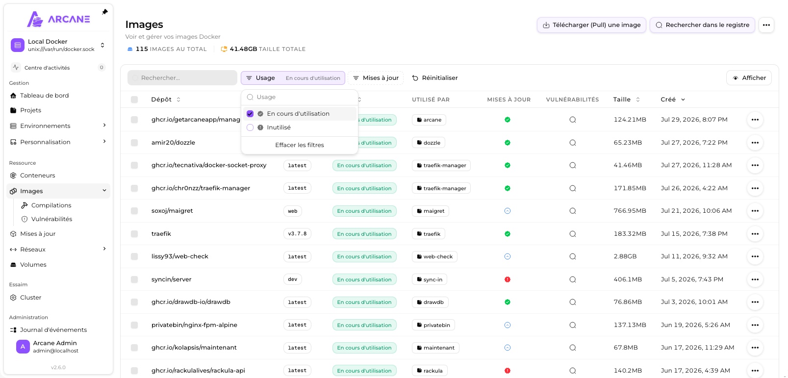 Gestion des images Docker dans Arcane avec le filtre sur les images inutilisées