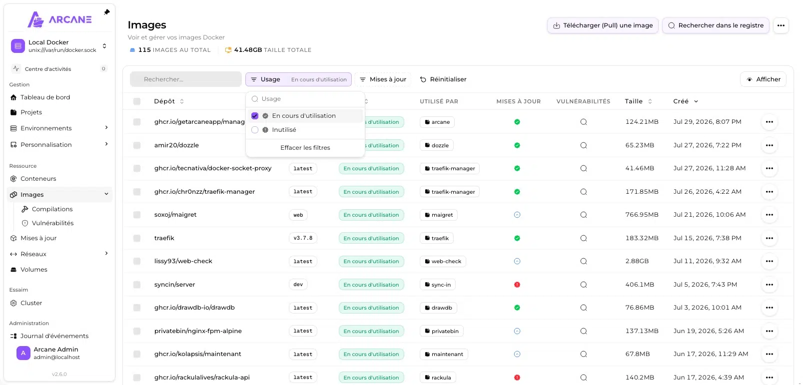Gestion des images Docker dans Arcane avec le filtre sur les images inutilisées