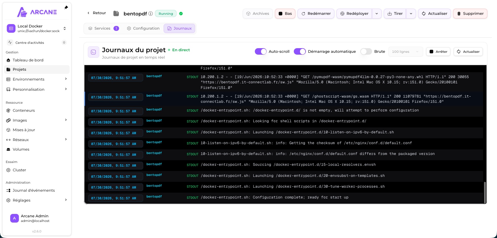 Journaux d'un projet Docker Compose affichés en temps réel dans Arcane