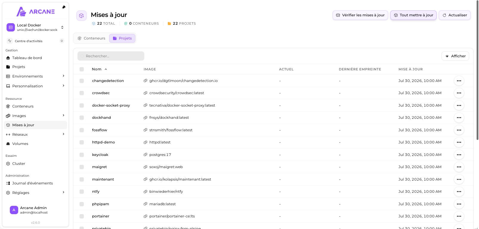 Suivi centralisé des mises à jour des images Docker dans Arcane
