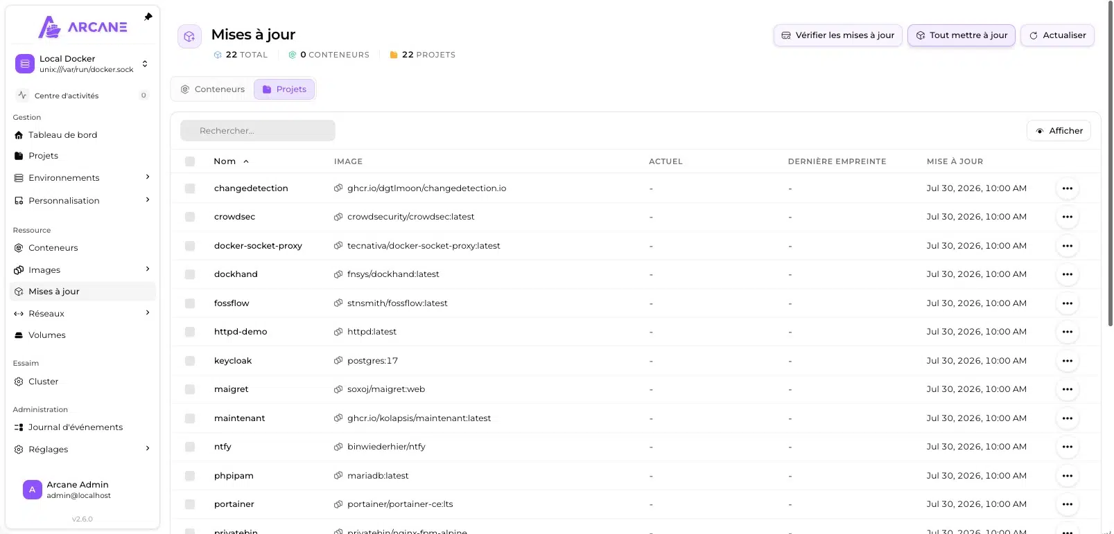 Suivi centralisé des mises à jour des images Docker dans Arcane