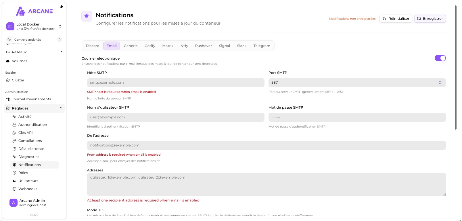 Configuration des notifications dans Arcane