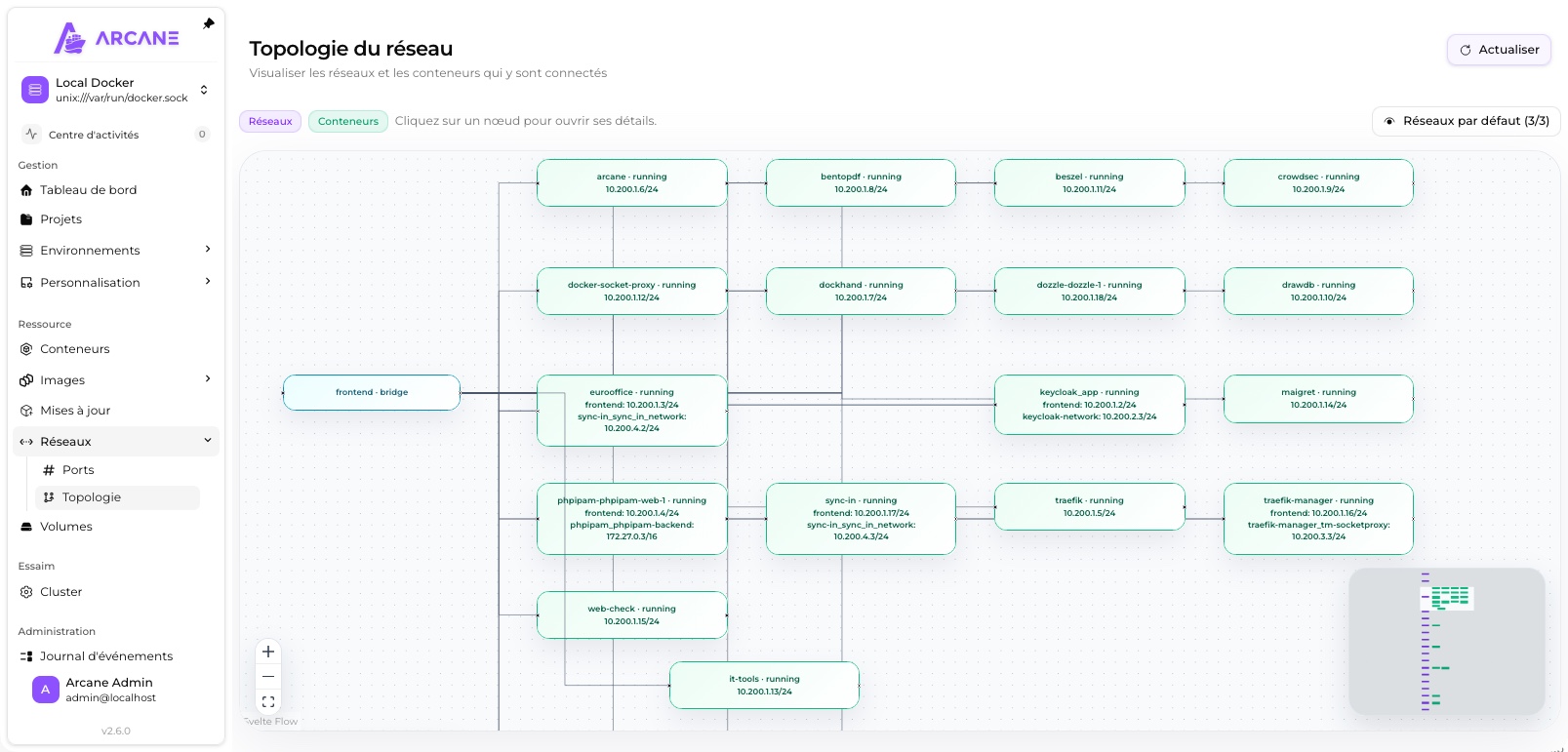 Topologie du réseau Docker visualisée sous forme de graphe dans Arcane