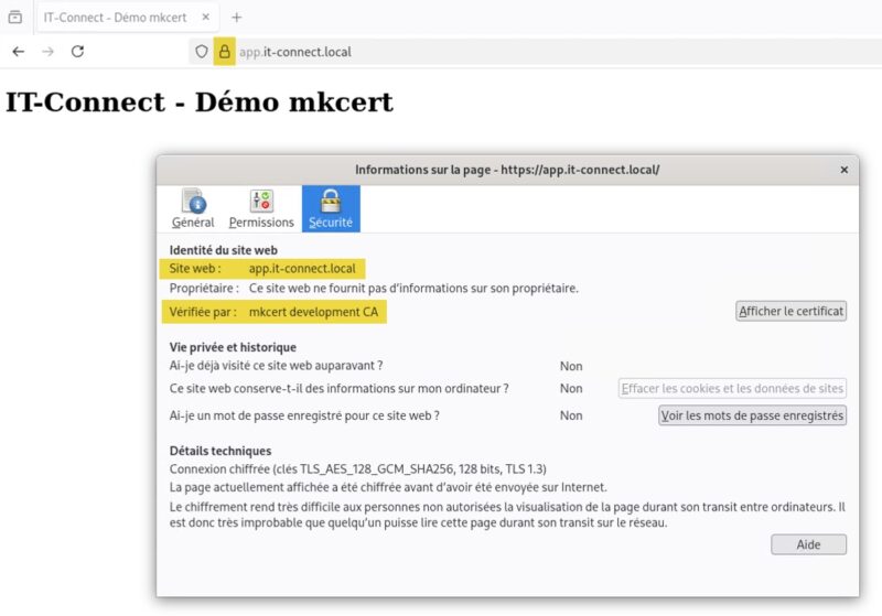 Certificat mkcert reconnu par le navigateur sans avertissement de sécurité