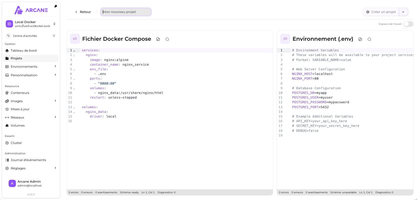 Créer un nouveau projet Docker Compose avec Arcane grâce à l'éditeur intégré