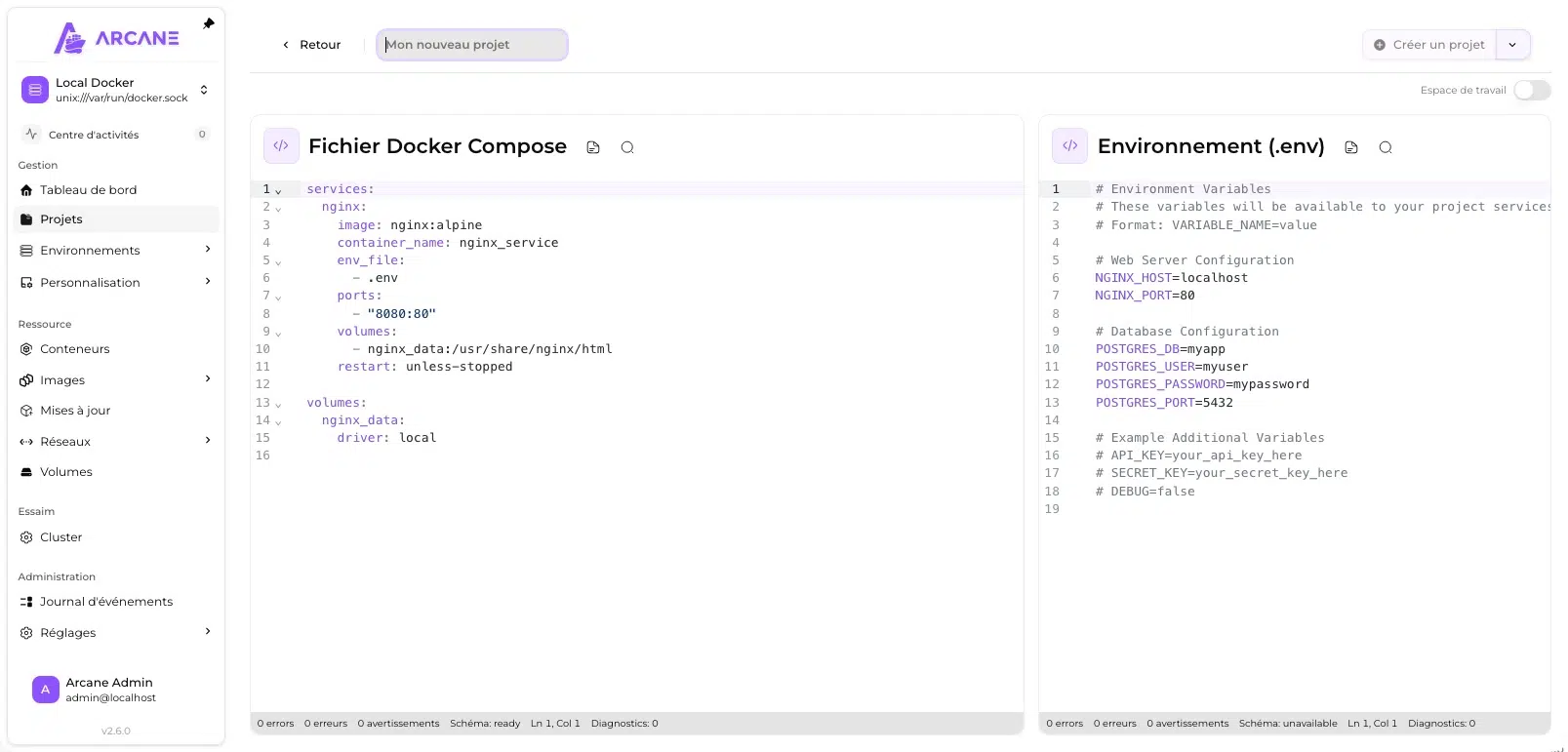 Créer un nouveau projet Docker Compose avec Arcane grâce à l'éditeur intégré