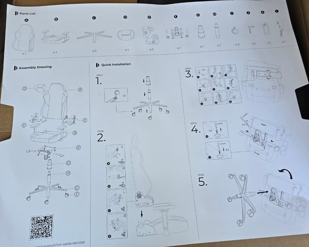 Notice de montage illustrée du fauteuil DXRacer Martian avec la liste des pièces.