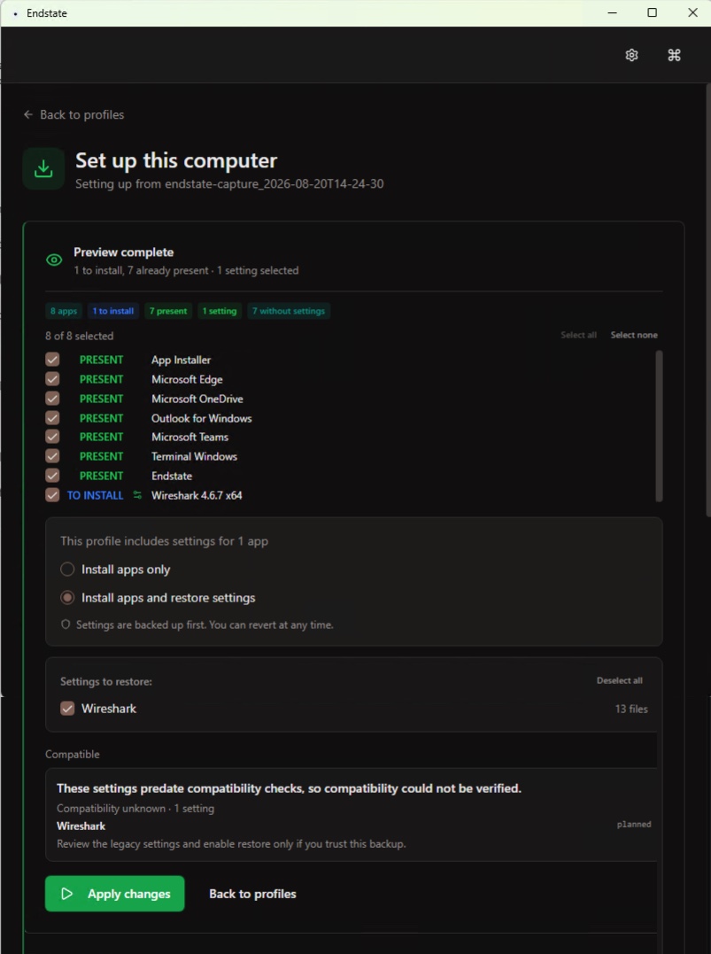 Endstate preview with applications to install and settings to restore