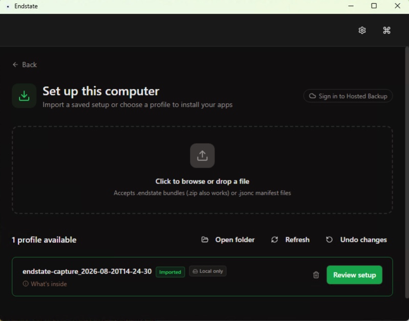 Import of an Endstate capture file on a new Windows PC