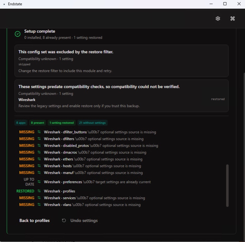 Endstate report after restoring applications and settings
