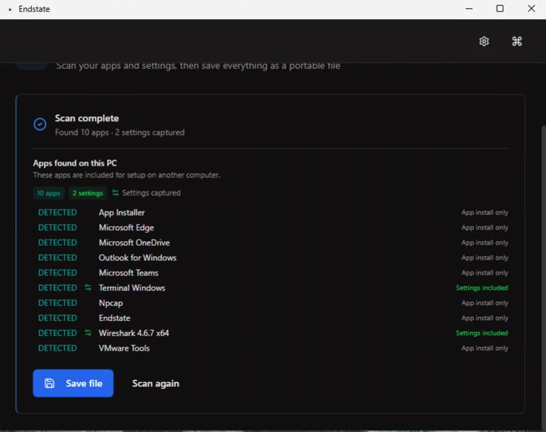 Endstate scan result listing detected applications and captured settings