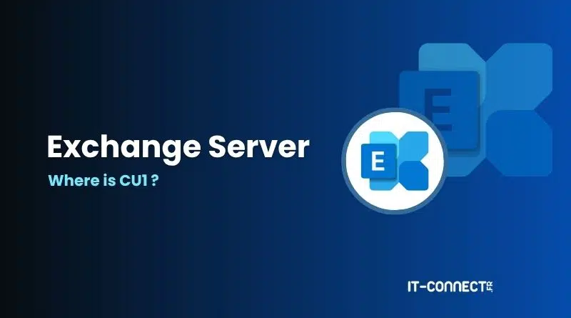 Slide about Exchange Server with the question 'Where is CU1?' and IT-CONNECT branding on a blue gradient background.