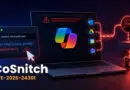 Laptop screen shows code and a warning, featuring the name CoSnitch and CVE-2026-24301, signaling a software vulnerability exploit scenario.
