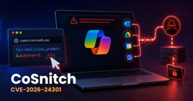 CoSnitch: Copilot Exposed the Hidden URL Flaw Used to Steal Data Laptop screen shows code and a warning, featuring the name CoSnitch and CVE-2026-24301, signaling a software vulnerability exploit scenario.