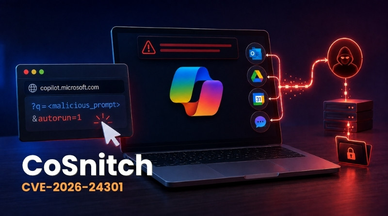 Laptop screen shows code and a warning, featuring the name CoSnitch and CVE-2026-24301, signaling a software vulnerability exploit scenario.