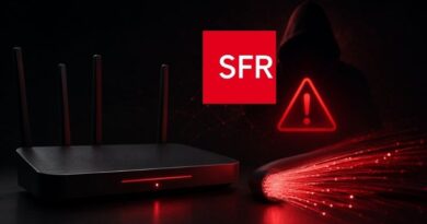 Dark scene with a home router and a red warning icon, featuring the SFR logo to signal a network security alert.