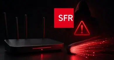 Dark scene with a home router and a red warning icon, featuring the SFR logo to signal a network security alert.