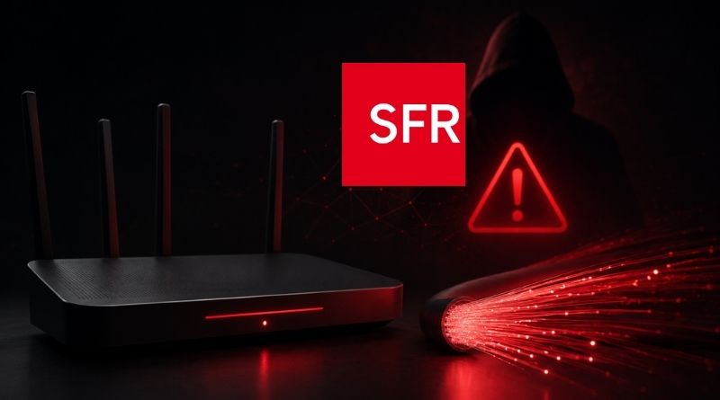 Dark scene with a home router and a red warning icon, featuring the SFR logo to signal a network security alert.