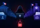 Hooded hacker typing on a laptop with a skull, flanked by blue government-style buildings and data folders, a glowing red lock below.