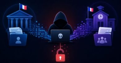 Hooded hacker typing on a laptop with a skull, flanked by blue government-style buildings and data folders, a glowing red lock below.