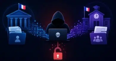 Hooded hacker typing on a laptop with a skull, flanked by blue government-style buildings and data folders, a glowing red lock below.