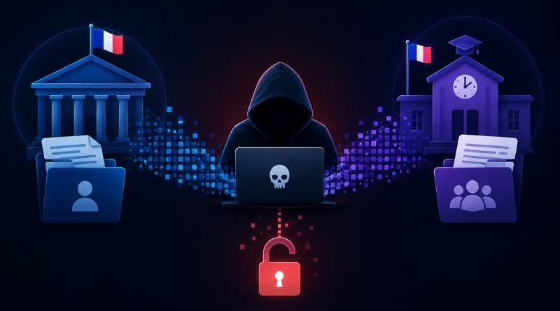 Hooded hacker typing on a laptop with a skull, flanked by blue government-style buildings and data folders, a glowing red lock below.