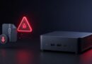 Small black desktop mini PC on a dark surface with a glowing red malware warning triangle and bug icon nearby; a circular button shows a downward arrow stuck to a case on the left.