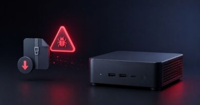 Small black desktop mini PC on a dark surface with a glowing red malware warning triangle and bug icon nearby; a circular button shows a downward arrow stuck to a case on the left.
